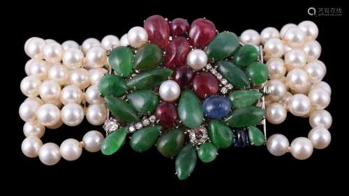 A cultured pearl and multi gem bracelet