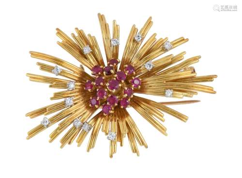 A late 1950s ruby and diamond abstract brooch by Ben Rosenfe...
