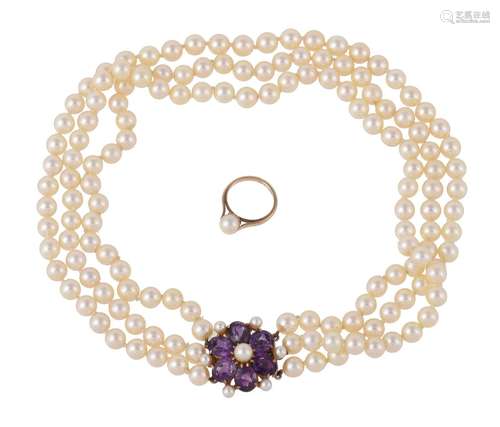 A three row cultured pearl necklace