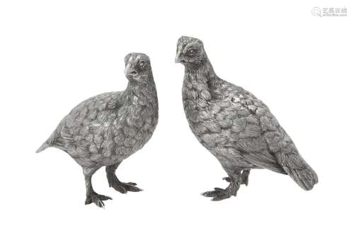 A pair of cast silver models of quails by Tessiers Ltd.