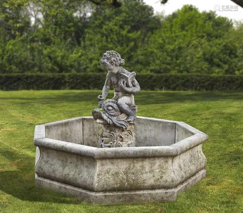 A Continental sculpted composition stone figural garden foun...