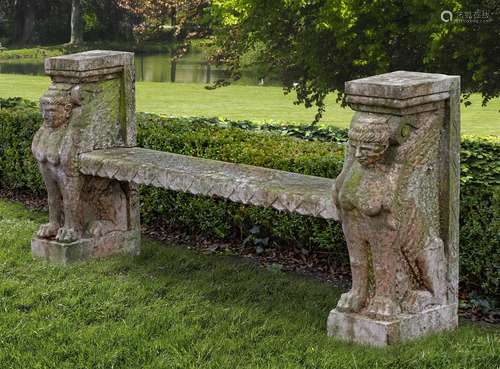 A Rosso Verona marble bench, in Egyptian Revival taste