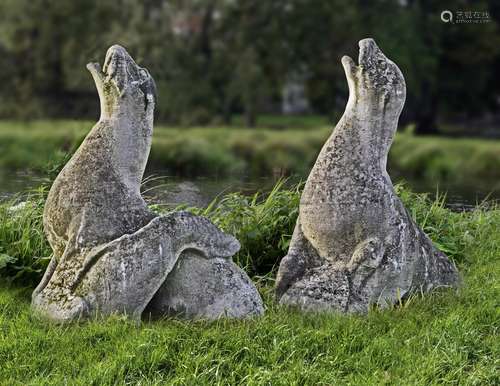 A pair of sculpted limestone models of seals