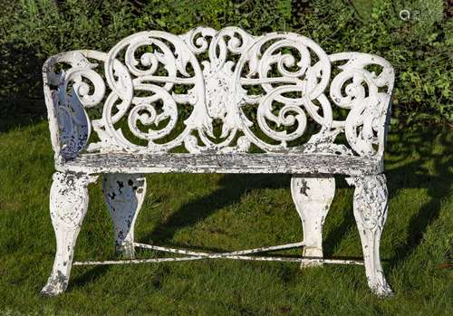 An English or French white painted cast iron garden bench