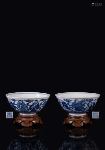 A pair of Chinese blue and white 'Eight Immortals' bowls