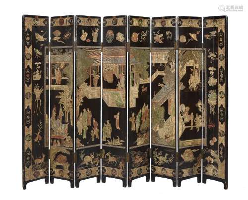 A Chinese lacquer eight-fold screen