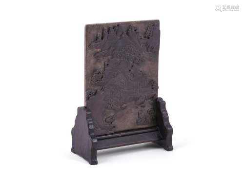 A Chinese qiyang soapstone carved table screen