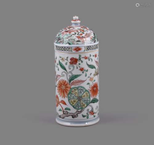 A very rare Chinese porcelain famille verte cylindrical apot...