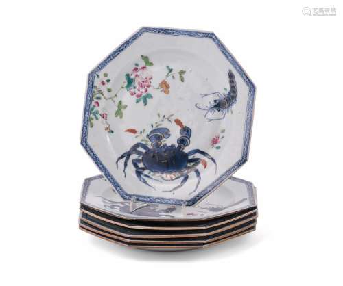 An unusual set of six Chinese Export Famille Rose 'Crab and ...
