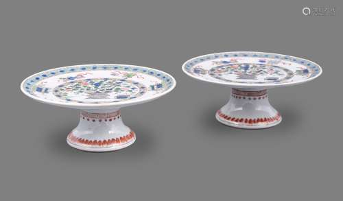 A rare pair of Chinese porcelain famille verte cake stands
