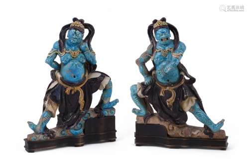 Two large Chinese large blue and aubergine Fehua-glazed 'hea...