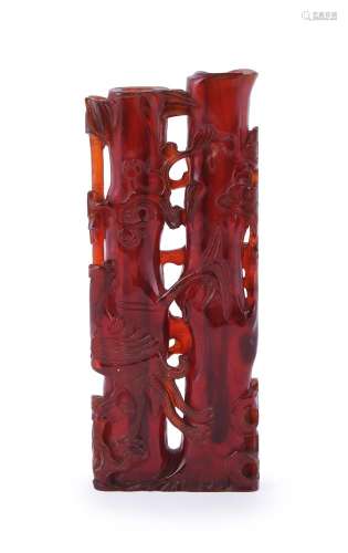 A Chinese carved amber double vase
