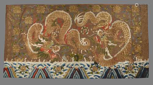 A large Chinese embroidered dragon panel