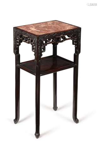 A Chinese hardwood and marble inset two-tier occasional tabl...