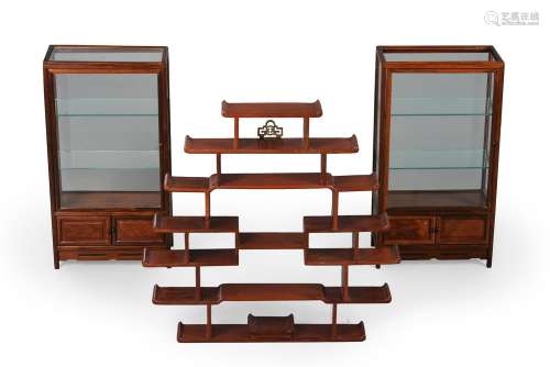 A pair of Chinese hardwood and burr wood table top display c...