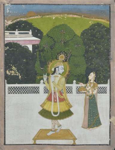 Krishna playing his flute on a terrace