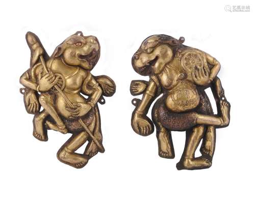Two repousse copper relief figures of deities