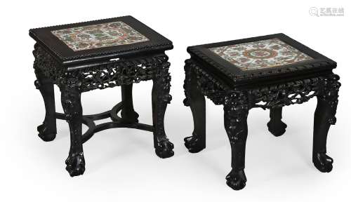 Two good Chinese porcelain-mounted hardwood stands