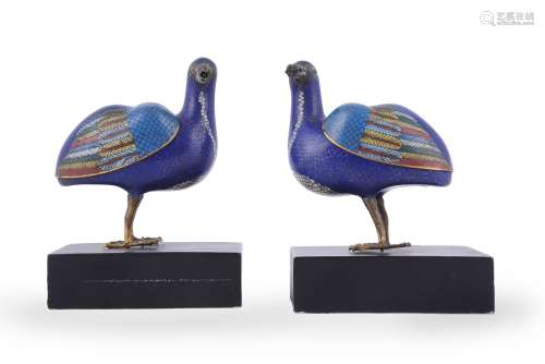 A pair of Chinese Cloisonné enamel 'Quail' censers and cover...
