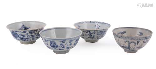 A group of four Ming blue and white bowls