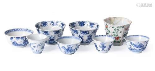 Five Chinese blue and white tea bowls