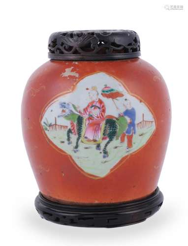 A Chinese coral-ground Famille Rose ginger jar