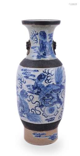 A Chinese crackle glazed blue and white Buddhist lion vase