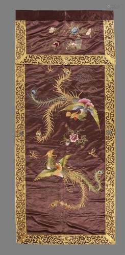 A large Chinese embroidered 'Phoenix' panel
