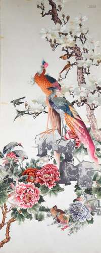A large Chinese satin floss 'Peacock' silk panel