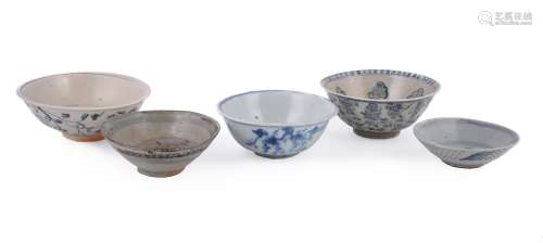 A group of five Ming blue and white bowls