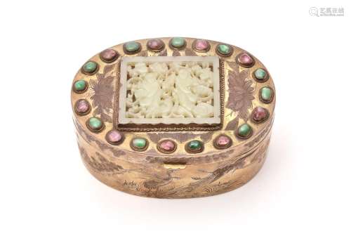 A Chinese gilt-copper jade and hardstone-mounted oval box an...