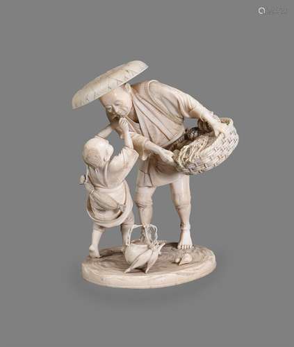 Y A Japanese Ivory Okimono of a farmer carrying a basket of ...