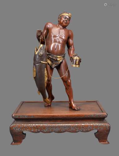 Miya-O Eisuke: A Large Parcel Gilt Bronze Figure of a Fisher...