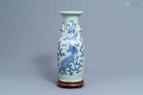 A Chinese blue and white celadon ground 'phoenix and qilin' ...