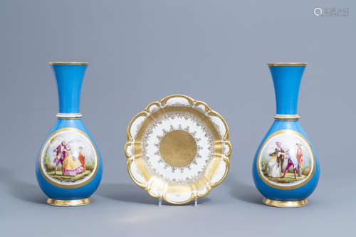 A pair of French 'bleu celeste' ground vases with gallant sc...