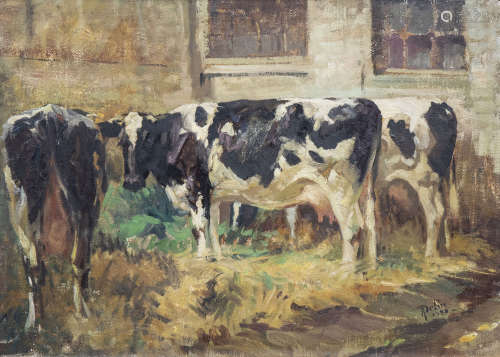 Rene Philippe Delin (1877-1961): Cows in a meadow near a bar...