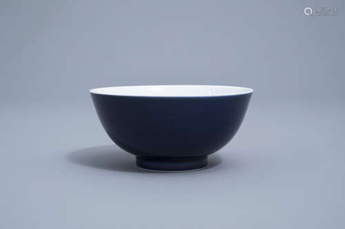 A Chinese monochrome 'sacrificial blue' bowl, Yongzheng mark...