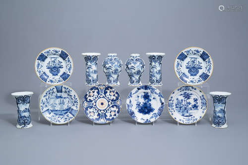 Six Dutch Delft blue and white vases and six plates, 18th C.