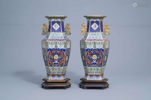 A pair of Chinese hexagonal cloisonne vases, Xuande mark, 19...