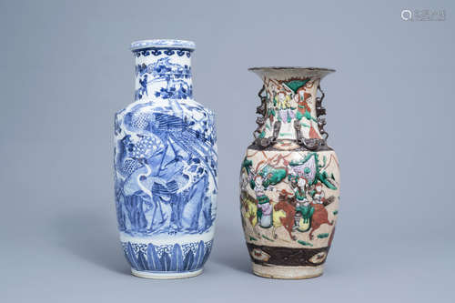 A Chinese blue and white rouleau vase and a famille rose Nan...