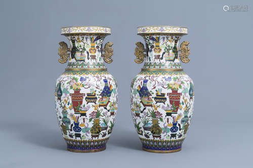 A pair of Chinese cloisonne vases with antiquities design, c...