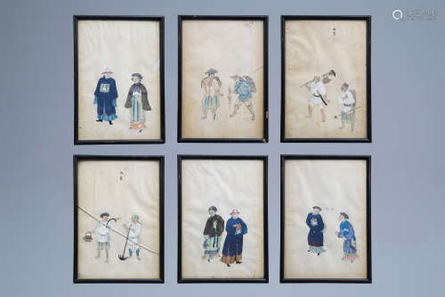 Chinese school, ink and colours on paper, early 20th C.: Six...
