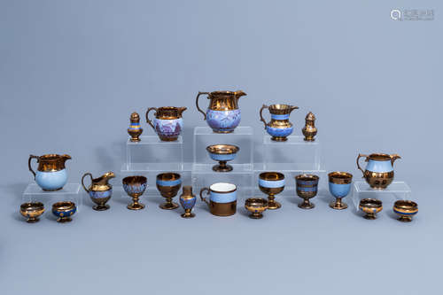 A varied collection of English lustreware items with blue de...