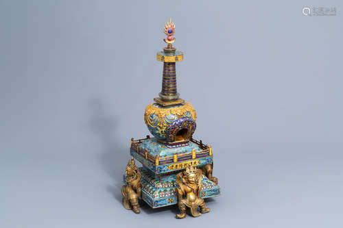 A large two-piece Chinese cloisonne stupa supported by four ...