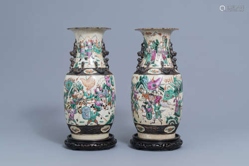 Two Chinese Nanking crackle glazed famille rose vases with w...