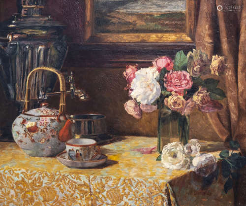 N. Lemaire (19th/20th C.): Interior with flowers, a tea set ...