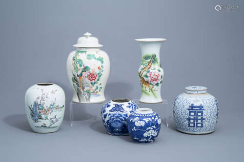 Six various Chinese famille rose, blue and white vases and j...