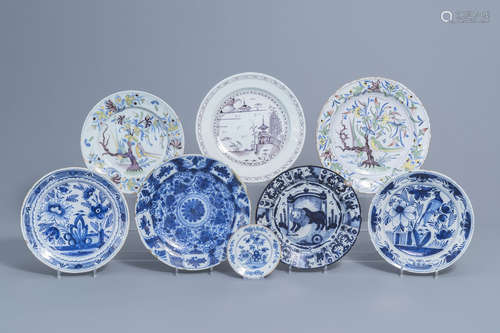 Eight various Dutch Delft blue, white, polychrome and mangan...