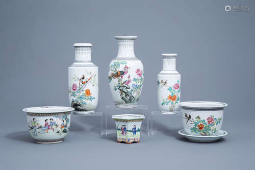 Three Chinese famille rose vases with birds and three jardin...