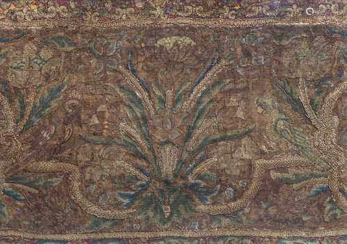 A horizontal embroidery with birds and floral design, probab...